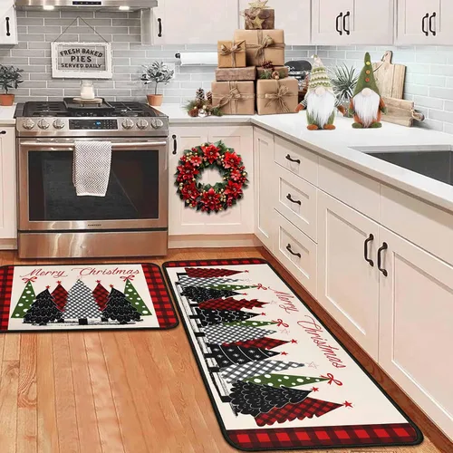 Miniatura 11 de Alfombras de cocina de cuadros de búfalo con gnomos de árbol negros, juego de 2, Merry Christmas, decoración de piso de perfil bajo para fiestas