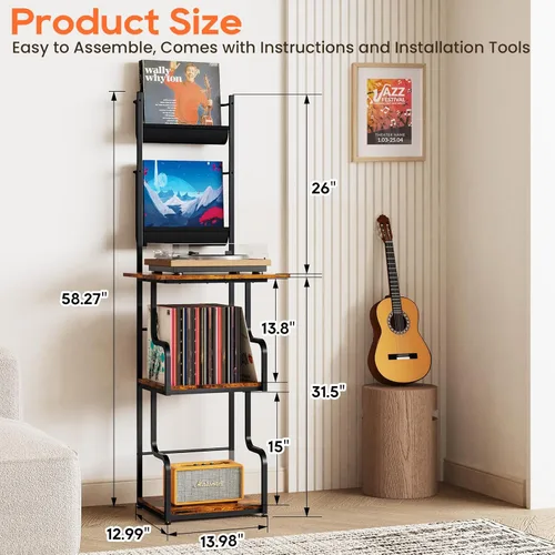Miniatura 6 de TJ.MOREE Soporte de Reproductor de Discos con Almacenamiento de Vinilo, Mesa Alta para Reproductor de Discos con Soporte para Tocadiscos y Estante