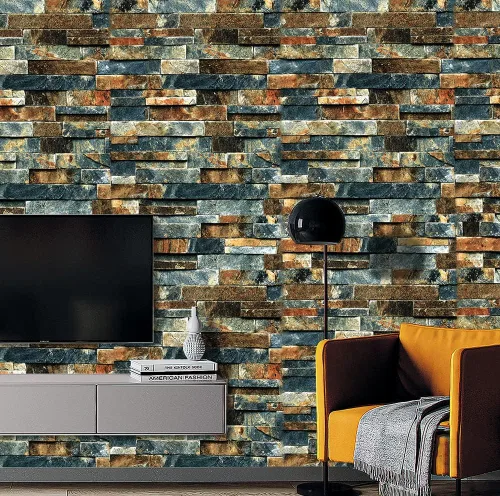 Miniatura 2 de Papel tapiz de ladrillo sintético para despegar y pegar, azul/rojo óxido, impermeable y extraíble, papel de contacto autoadhesivo para decoración