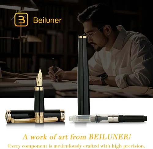 Miniatura 6 de BEILUNER Pluma estilográfica negra, impresionantes plumas de lujo con detalles de oro de 24 quilates, hermosa plumilla dorada de 24 quilates Negro