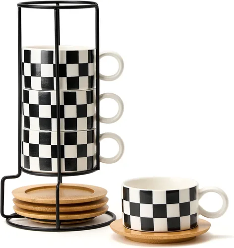 Miniatura 18 de LUKA - Juego de 4 tazas de café espresso apilables de cerámica con tablero de ajedrez en blanco y negro de 6 onzas, con platillos y soporte