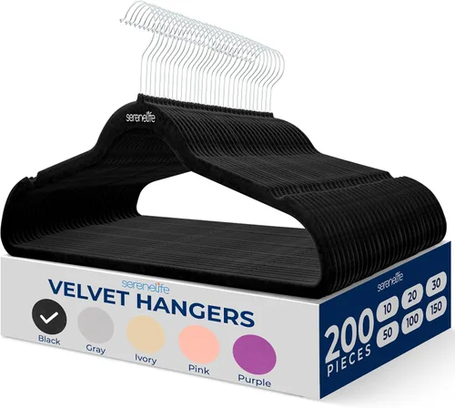Miniatura 16 de SereneLife Perchas de terciopelo color negro, paquete de 100 perchas delgadas antideslizantes con gancho giratorio cromado de 360°, capacidad Negro