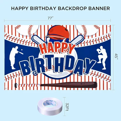 Miniatura 5 de Decoraciones de fiesta de béisbol con texto en inglés «Happy Birthday» para niños, adolescentes – Cartel grande con temática deportiva