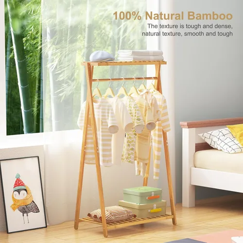 Miniatura 3 de Perchero de bambú para niños, pequeño estante de ropa para niños, estante de vestir para niños con 2 estantes de almacenamiento, perchero portátil