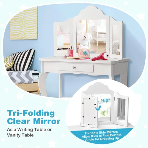 Miniatura 4 de HONEY JOY Juego de tocador para niños con espejo, mesa de tocador de madera 2 en 1 con taburete, espejo plegable y cajón, parte superior extraíble
