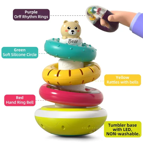 Miniatura 3 de Juguete apilador de anillos para bebé con luces, juguetes apilables musicales para niños pequeños de 1 a 3 años, juguetes Montessori giratorios