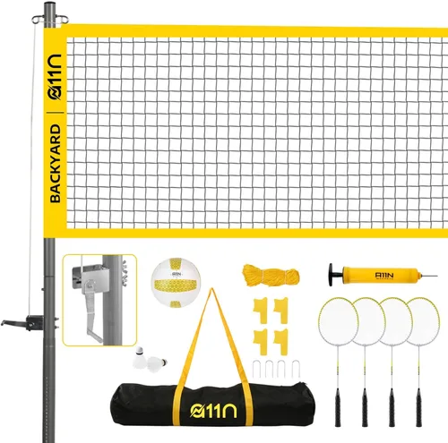 A11N SPORTS Outdoor Volleyball and Badminton Combo Set - Includes Adjustable Height Anti-Sag Net, Volleyball, Air Pump, 4 Badminton Rackets, 2