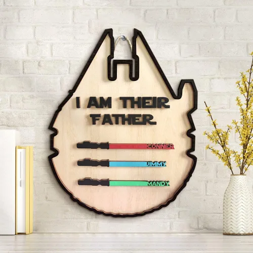 Miniatura 2 de Letreros de madera personalizados con nombres y sables de colores personalizados con texto en inglés "I AM THEIR THEIR Father", grabado con nombre