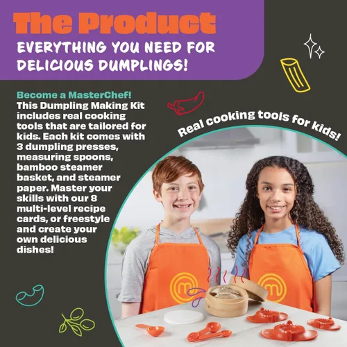 Miniatura 2 de MasterChef Junior Juego para Hacer Dumplings para Niños - Kit de 5 Piezas - Utensilios de Cocina Reales Incluye Recetas, Canasta de Vapor, Molde