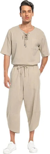 Miniatura 3 de Babioboa Conjunto de 2 piezas de lino para hombre, camisa hippie de manga corta y pantalones capri harén holgados para playa, pantalones de yoga