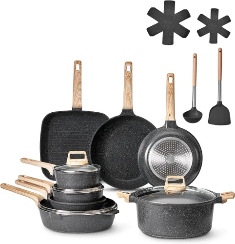 VEVOR Juego de ollas y sartenes de 19 piezas, juego de utensilios de cocina antiadherentes de granito, utensilios de cocina de inducción, juegos de