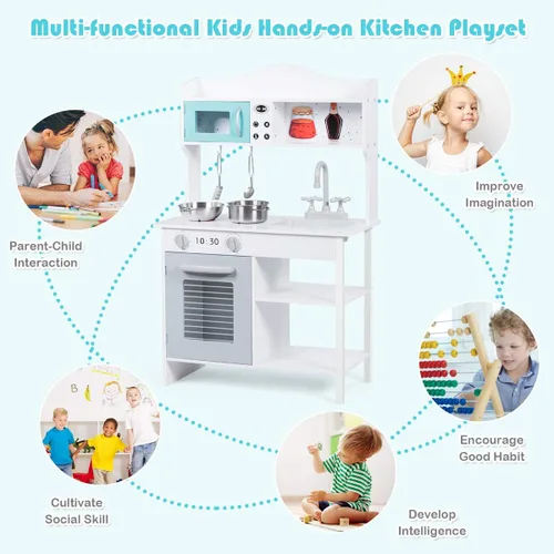 Miniatura 6 de Costzon Juego de cocina para niños, cocina de madera con fregadero, horno, microondas, estufa, ollas, utensilios, juego de cocina con estante, Blanco