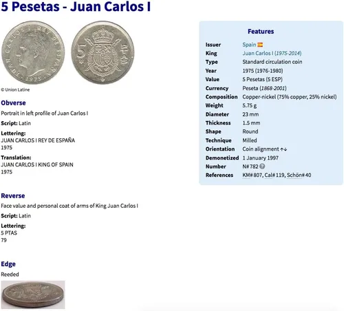 Miniatura 8 de 1975 España España 5 Peseta moneda escudo Español Juan Carlos I Madrid Barcelona Córdoba Valencia Málaga Sevilla Granada Toledo Bilbao Cádiz