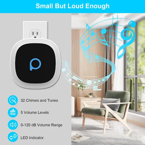 Miniatura 2 de Kit de timbre inalámbrico para el hogar, 5 niveles de volumen con 32 campanillas, timbre de puerta impermeable de rango de 300 pies, flash LED
