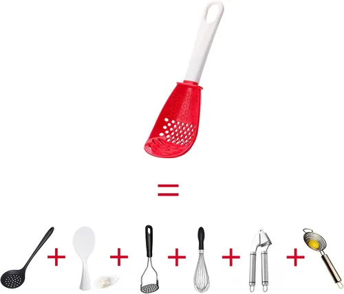 Miniatura 4 de 6 en 1 aparatos de cocina multifuncionales, 356°F resistentes al calor, separador de huevos, cocina, drenaje, puré, rejilla, cuchara de cocina roja