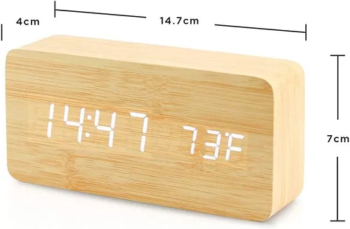 Miniatura 3 de OCT17 Reloj despertador digital de madera, reloj despertador LED multifunción de madera con fuente de alimentación USB, control de voz, Bambú