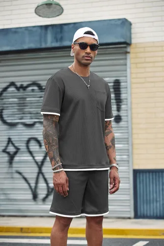 Miniatura 33 de COOFANDY Conjunto de camisa y pantalones cortos de gofre para hombre, conjunto de 2 piezas, conjunto casual de verano con bolsillos
