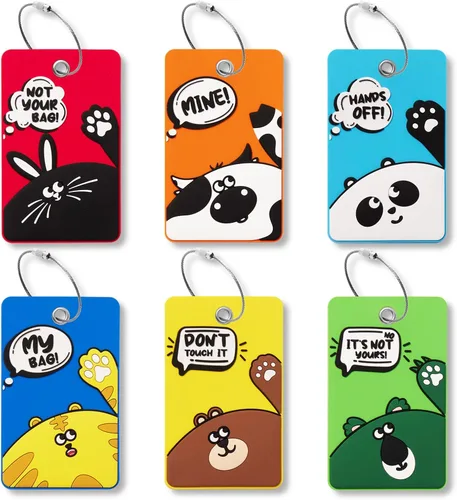 6 etiquetas únicas de equipaje de animales lindos con recordatorio de sonrisa, silicona brillante, incluye tarjetas de identificación con cubierta
