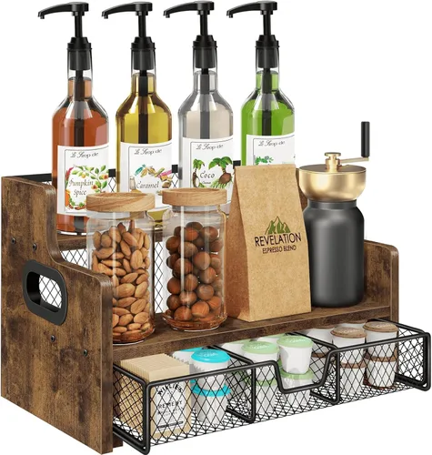 Miniatura 10 de Homode Estante organizador de jarabe de café, soporte para jarabe de 3 niveles con cajón de almacenamiento de tazas de 35 K, capacidad de 8