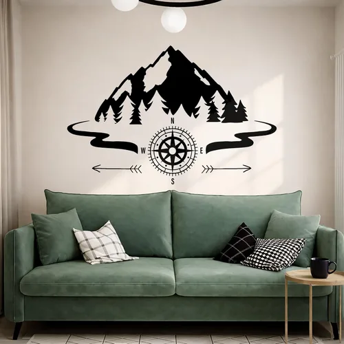 Miniatura 5 de Vinilo grande para pared, diseño de montañas, brújula, camping, bosque, campamento, decoración artística (ig5651)