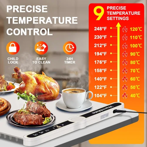 Miniatura 3 de Tapete de calentamiento de alimentos, bandeja de calentamiento eléctrica con control de precisión de temperatura de 9 niveles, temporizador de 6
