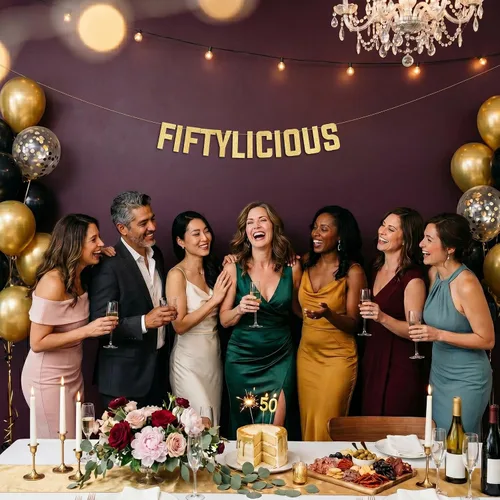 Miniatura 9 de Cartel Fiftylicious con purpurina negra preencordada, divertidas decoraciones de cumpleaños 50 y aniversario para hombres y mujeres, suministros