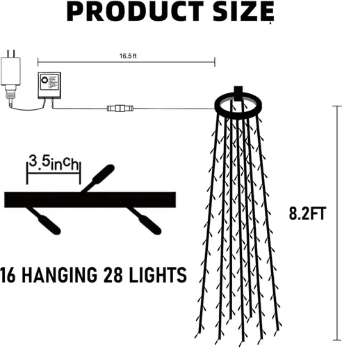 Miniatura 2 de Dazzle Bright - Luces de árbol de Navidad, 448 luces LED en cascada con control remoto y 8 modos de iluminación, 2.5 m X 16 líneas de luces