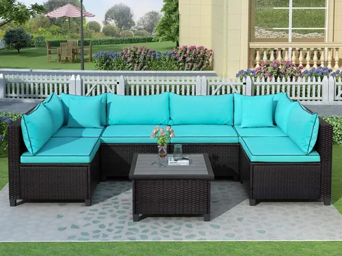 Miniatura 14 de Quarte Juego de muebles de patio de 4 piezas, sofá modular de mimbre de ratán PE para exteriores con acolchado y almohada, para porche, césped, Gris