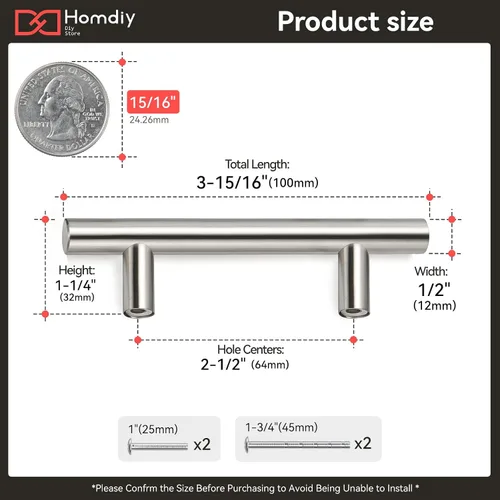 Miniatura 3 de HOMDIY Tiradores de gabinete de níquel cepillado, tiradores de gabinete de 2-1/2 pulgadas (64 mm) de centro a centro, tiradores de cajones plateados