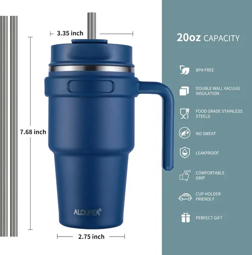 Miniatura 2 de Taza de café aislada de 20 onzas con asa, vaso de viaje de acero inoxidable con tapa y pajilla, taza térmica de doble pared al vacío a prueba