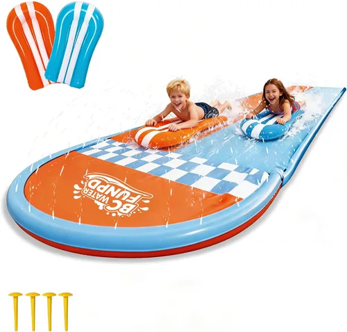 Tobogán acuático inflable con 2 tablas de bodyboard, toboganes de agua de 22.5 pies para patio trasero de niños, sistema de rociadores multivías