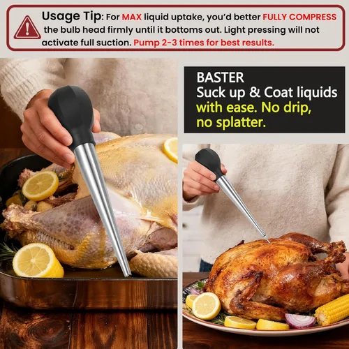 Miniatura 7 de SCHVUBENR Baster grande para pavos con cepillo de limpieza y aguja, herramienta de acero inoxidable para cocinar, fácil de usar y limpiar, jeringa