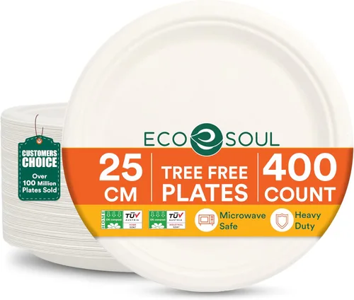 Miniatura 17 de ECO SOUL Compostable Paper Plates 9 Inch, 500 Pack – Heavy Duty Disposable Dinner Paper Plates, White Bagasse, Leak-Resistant, Microwave Safe