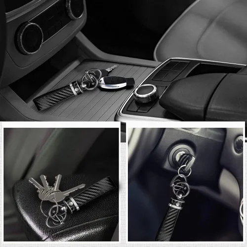 Miniatura 6 de ASUBHA Llavero de coche de fibra de carbono, llavero universal de cuero de alta calidad, giratorio de 360 grados con anillo en D antipérdida