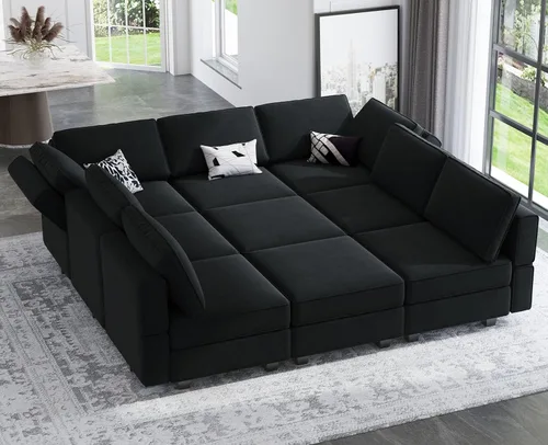 Miniatura 15 de Belffin - Sofá cama modular con otomanas, de terciopelo, reversible y con asiento con almacenamiento, color azul