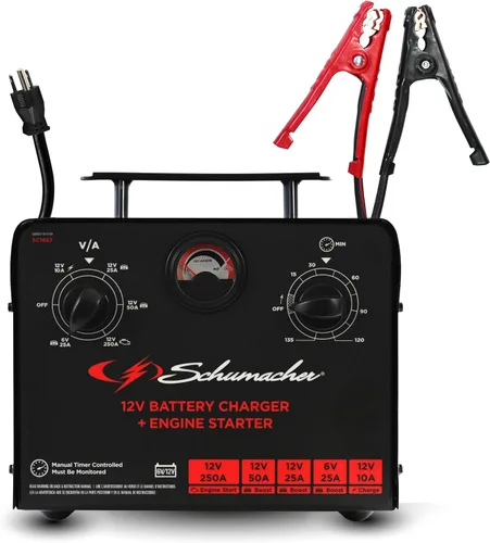 Schumacher Electric Cargador de batería controlado por tiempo de 6 V/12 V y arrancador del motor - Cargador controlado de precisión con temporizador