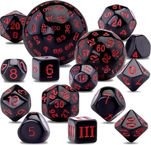AUSTOR juego completo de 15 dados poliédricos D3-D100 con bolsa de almacenamiento de cuero con cordón para juegos de mesa de rol (negro y rojo)