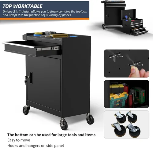 Miniatura 5 de Caja de herramientas rodante de alta capacidad de 5 cajones, caja de herramientas de almacenamiento extraíble con ruedas y cajones, caja