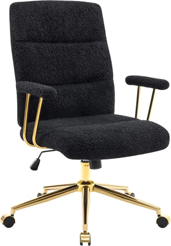 Elegante silla de oficina negra y dorada con tela texturizada Boucle, moderna silla de escritorio con asiento acolchado, altura ajustable con base