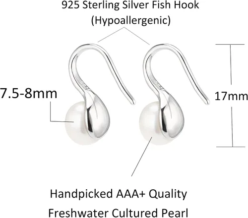 Miniatura 3 de Aretes colgantes de plata de ley 925 seleccionados a mano AAA+ de 7.5 a 0.315 in con perlas cultivadas de agua dulce blancas para mujer