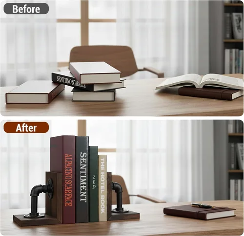 Miniatura 3 de MyGift Sujetalibros Decorativos, Sujetalibros para Estantes, Sujetalibros de Metal para Libros Pesados, Decoración de Oficina para Hombres, Tope