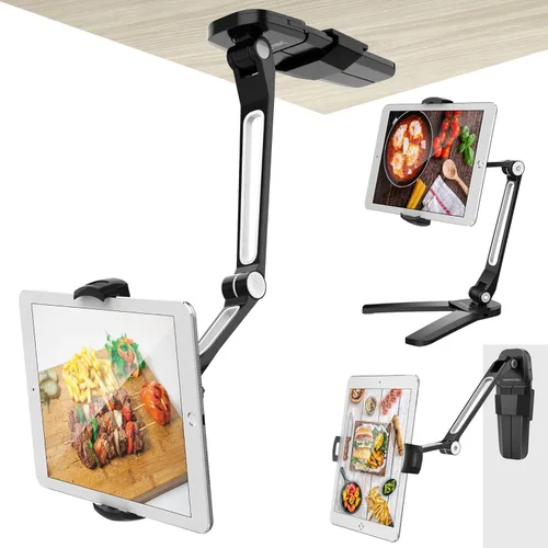 AboveTEK Soporte de pared para iPad, 3 en 1 Highflex 360° Montura bajo gabinete para iPads para la cocina, Soporte de techo para tableta debajo del
