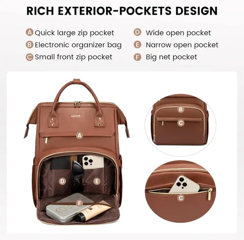 Miniatura 3 de LOVEVOOK Mochila de cuero para laptop para mujer de 15.6 pulgadas, bolsa de viaje para enfermeras, profesores, bolsa de computadora, bolsas de Marrón