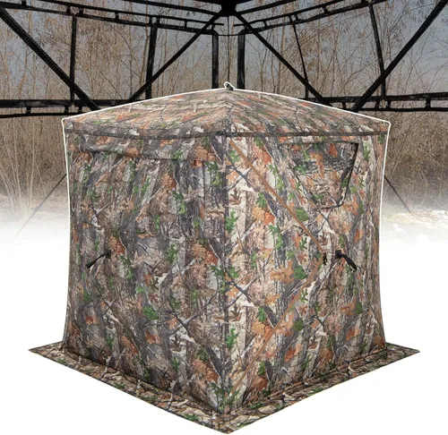 GYMAX Persiana de caza, para 3 personas, con diseño de ciervo de camuflaje con deslizamiento silencioso, ventanas, bolsa de transporte, persiana