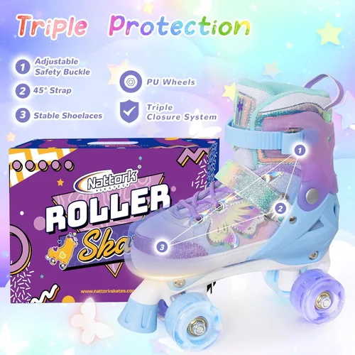 Miniatura 5 de Nattork Patines de Ruedas para Niñas y Niños, Patines Cuádruples de 4 Tamaños Ajustables con Diseño de Mariposa y Flor con Todas las Ruedas Púrpura