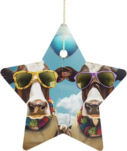 Adorno de vacas en gafas de sol de porcelana de doble cara de 3 pulgadas, casa de campo, árbol de Navidad, accesorios para colgar, adorno de regalo