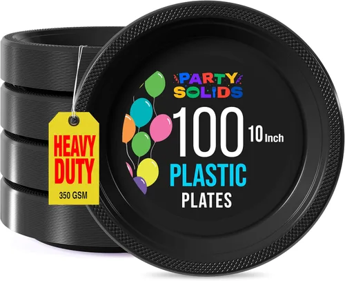 Miniatura 33 de Exquisitos platos de plástico rojo Party Solids para fiesta, platos desechables rojos de 9 pulgadas, juego de vajilla de plástico resistente, 100