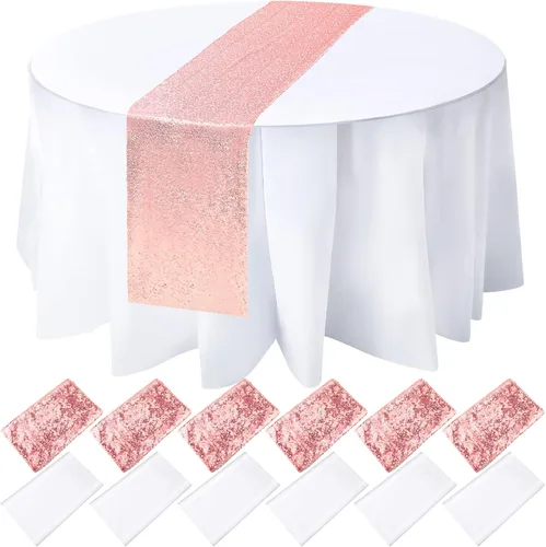 Newwiee Paquete de 12 manteles (6 manteles + 6 corredores) redondos de plástico de 84 pulgadas con lentejuelas brillantes, mantel desechable Oro rosa