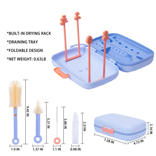 Miniatura 2 de Kit limpiador de botellas de viaje Suvast 7en1 con cepillo para biberones y rejilla para secar botellas, limpieza rápida, fácil portabilidad (Azul)