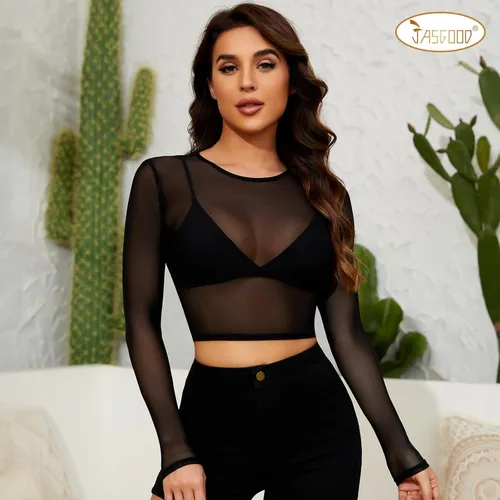 Miniatura 9 de JASGOOD Camiseta corta de malla para mujer, de manga larga, transparente, blusa transparente